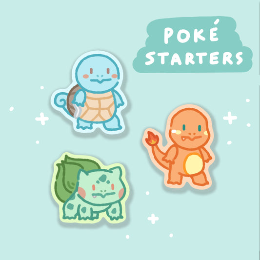 Poke Gen 1 Starters Stickers | Vinyl Waterproof Stickers for Bullet Journal, Planner, Laptop, Water Bottle, Phone Case, Deco